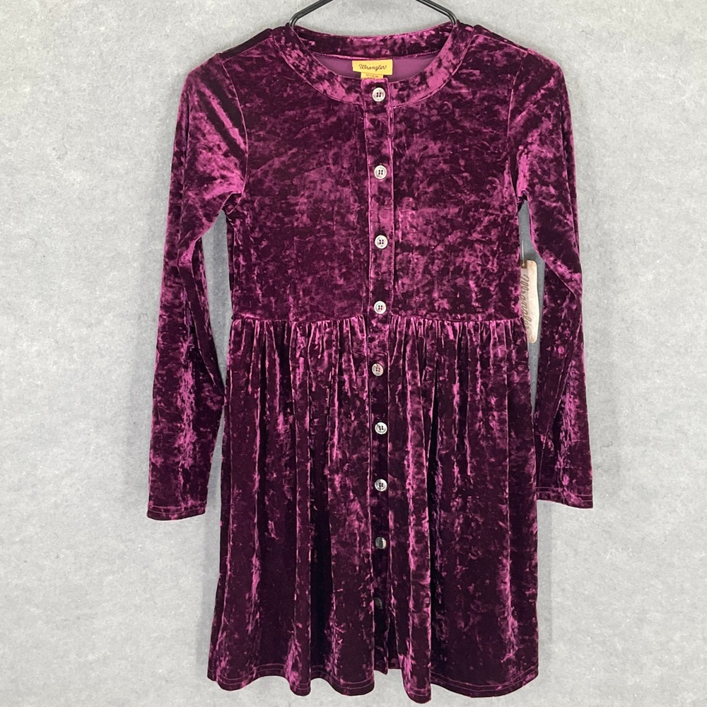 Wrangler Girls Purple Velvet Long Sleeve Buttons Dress Sz L‎ Cowgirl Western